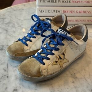 Golden Goose White and Tan Sneakers with Blue Laces, Size 36